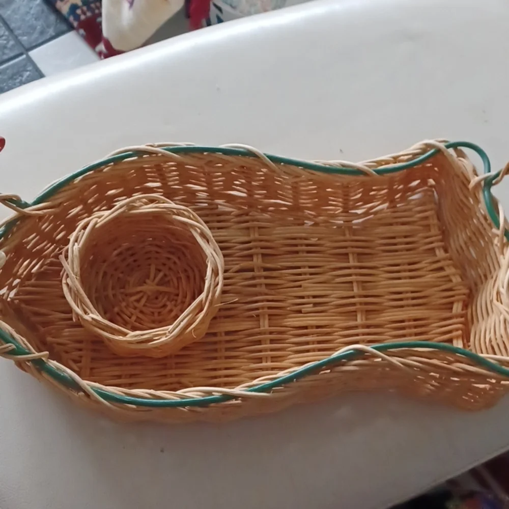 Chip and Dip Wicker Basket w/ ceramic Fish Handles, 17” long